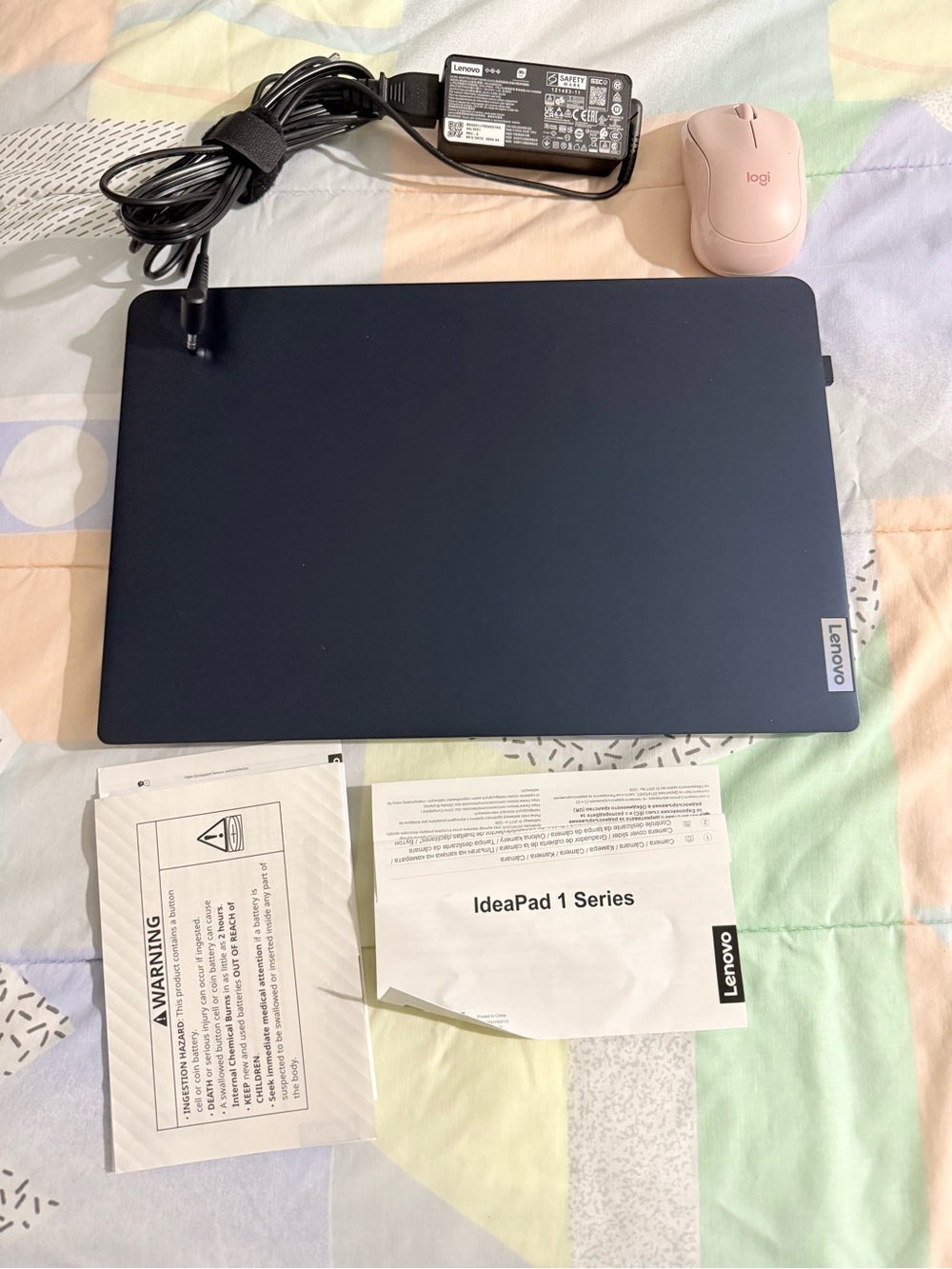 Lenovo Navy Blue Laptop with Charger and Pink Mouse